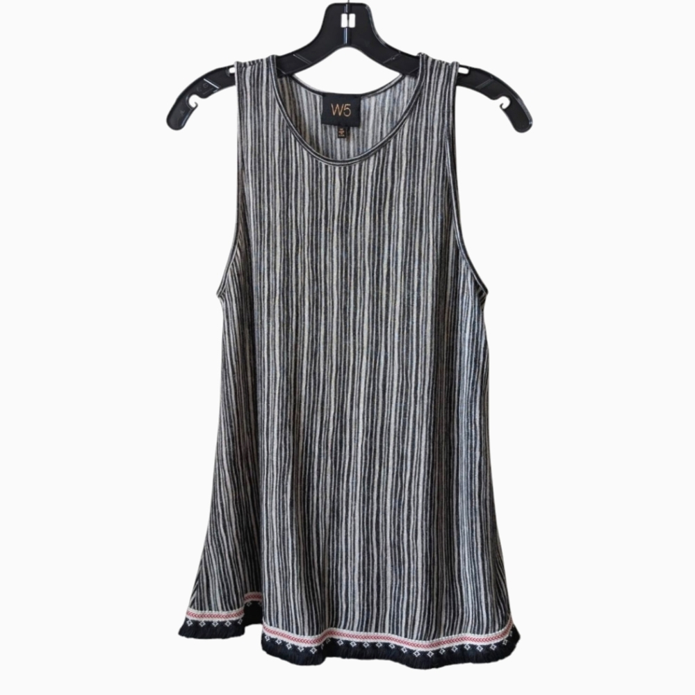 W5 Striped Tank Top with Fringe Detail Black White Red Medium Boho Summer